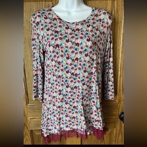 LOGO Lori Goldstein Top Womens XS Tunic Lace Hem Floral Scoop Neck